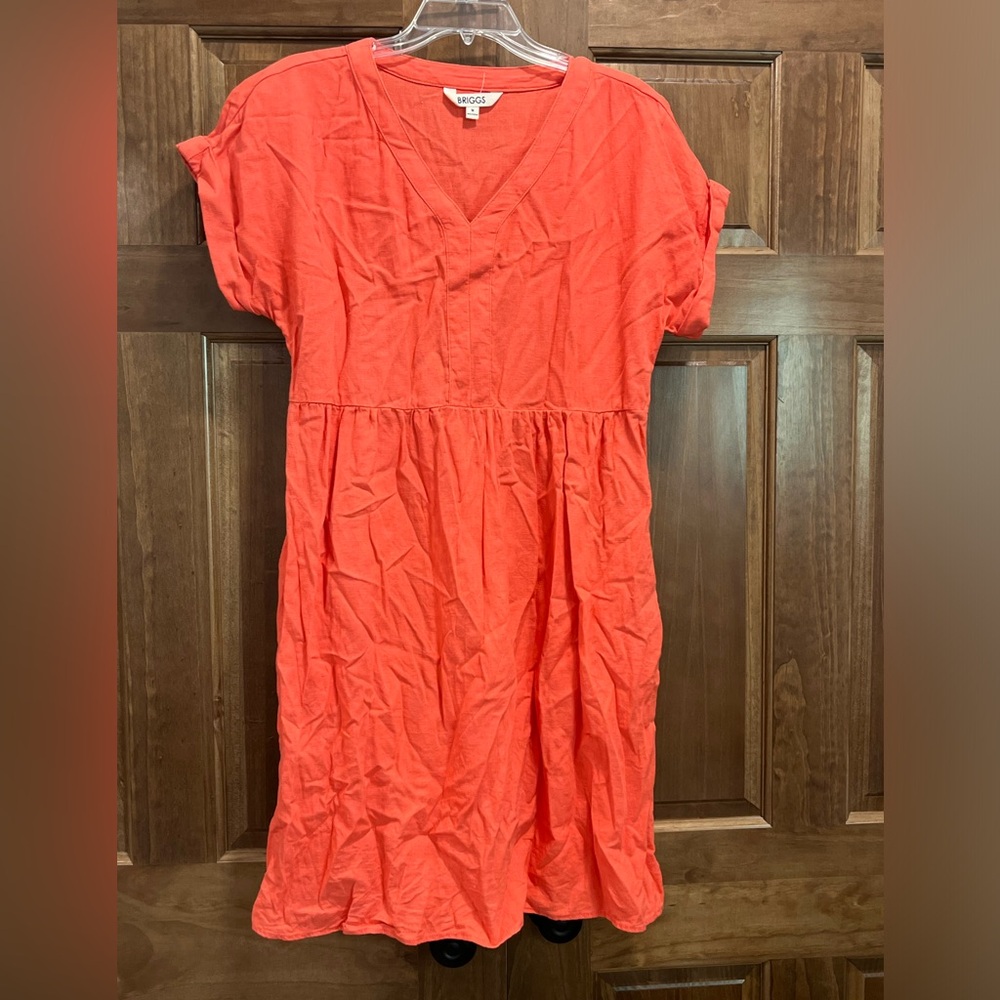 Briggs Vibrant Coral V Neck Short Sleeve Linen Dress, Size Medium